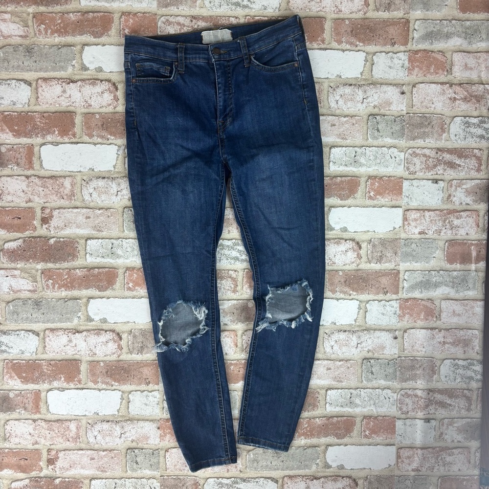 Free People High Rise Dark Wash Skinny Jeans Destroyed Knees Distressing Stretch